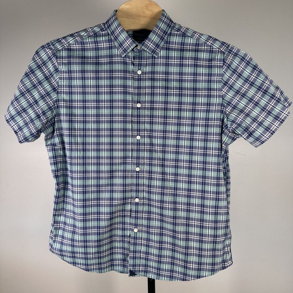 UNTUCKit Shirt Mens XL Button Up Plaid Blue Performance Stretch Short Sleeve
